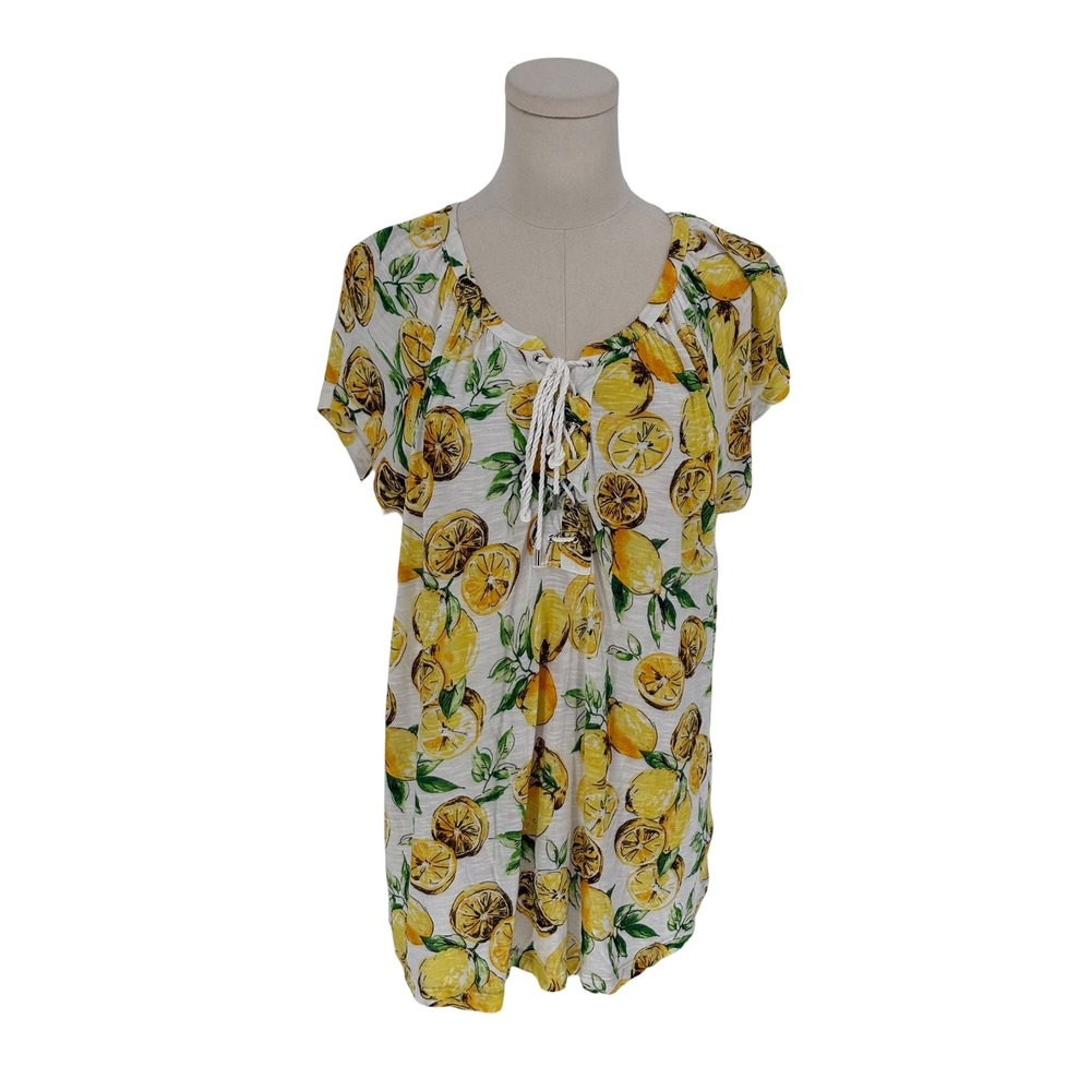 Chaps Lemon Print Lace Up Blouse Yellow White 100% Rayon Large